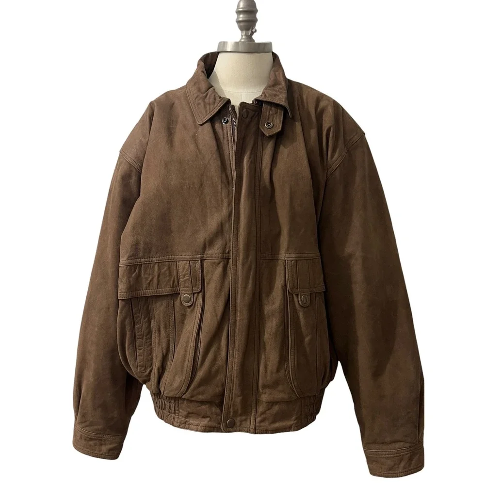 Vintage Current Editions Brown Leather Bomber Jacket Mens L Distressed Heavy